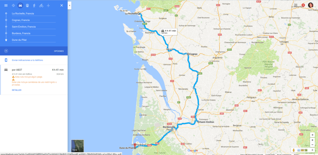 Mapa de la ruta en coche por la costa atlántica francesa